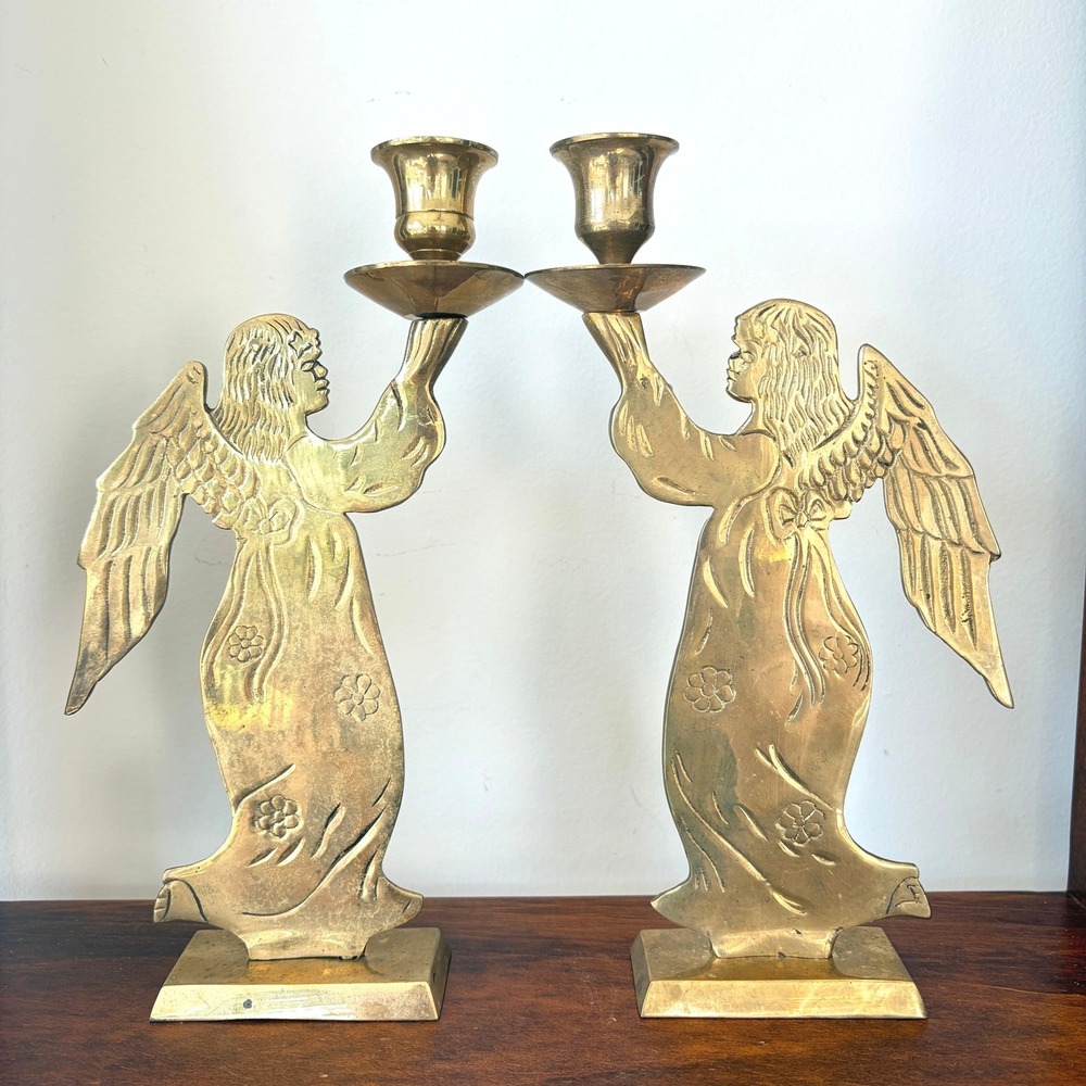 Vintage Solid Brass Angel Taper Candle Holders Pair Floral Engraved 9.5 Inch